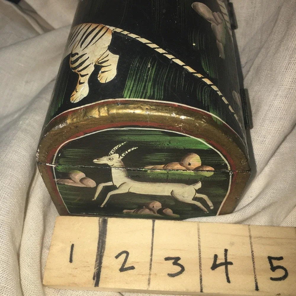 Vintage Hand Painted Wood Trinket Trunk Small Painted Tigers Tribal Folk Art